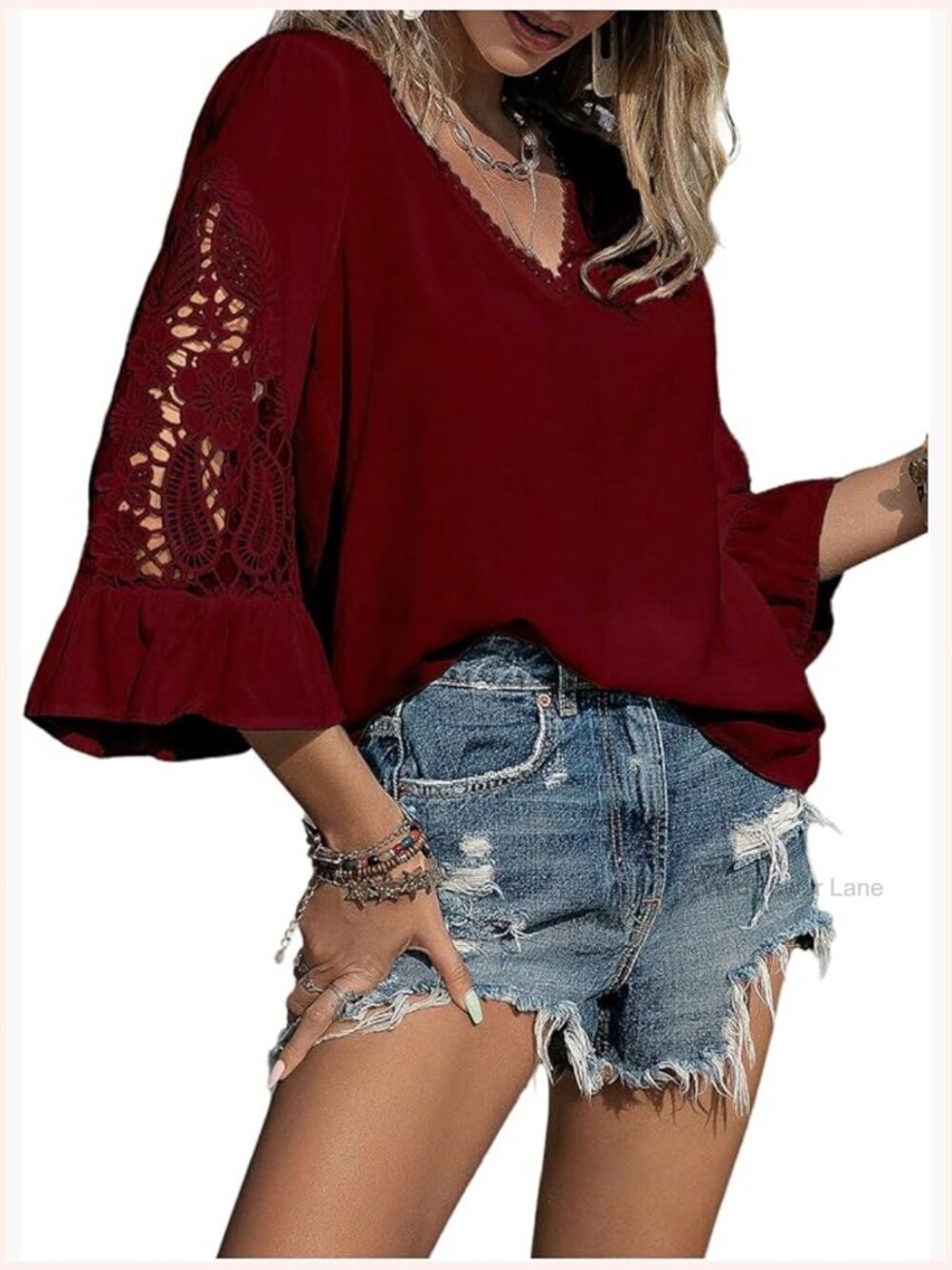 Women's Hollow Out 3/4 Sleeve Blouse Top V Neck Western Shirt